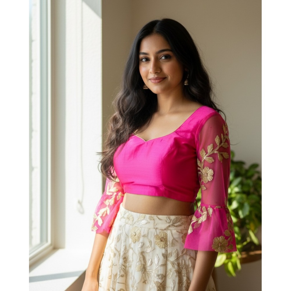 Vibhaa Blouse Womens‎ Pink Gold Zari Embroidered Sheer Flared Sleeves Scoop Neck